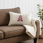 Housse de Coussin Noël Nordlys Sapins Touffetés Brodés Crème Rouge Coton Lin 30×50 cm
