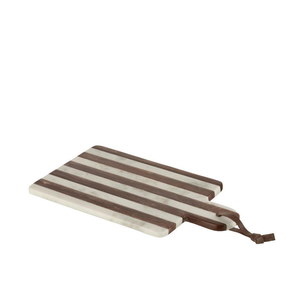 Planche à découper rectangulaire en marbre rayé beige et marron avec lien en cuir naturel.