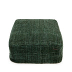 Grand pouf carré confortable en coton texturé tissé à la main, couleur vert forêt profond.