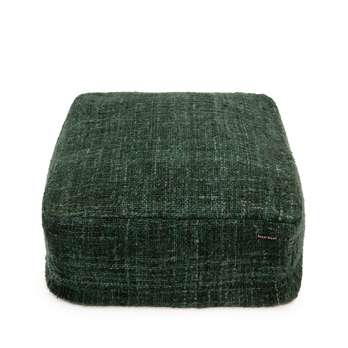 Grand pouf carré confortable en coton texturé tissé à la main, couleur vert forêt profond.