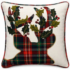 Housse de Coussin Noël Renne À Carreaux Brodée Coton Lin 45×45 cm
