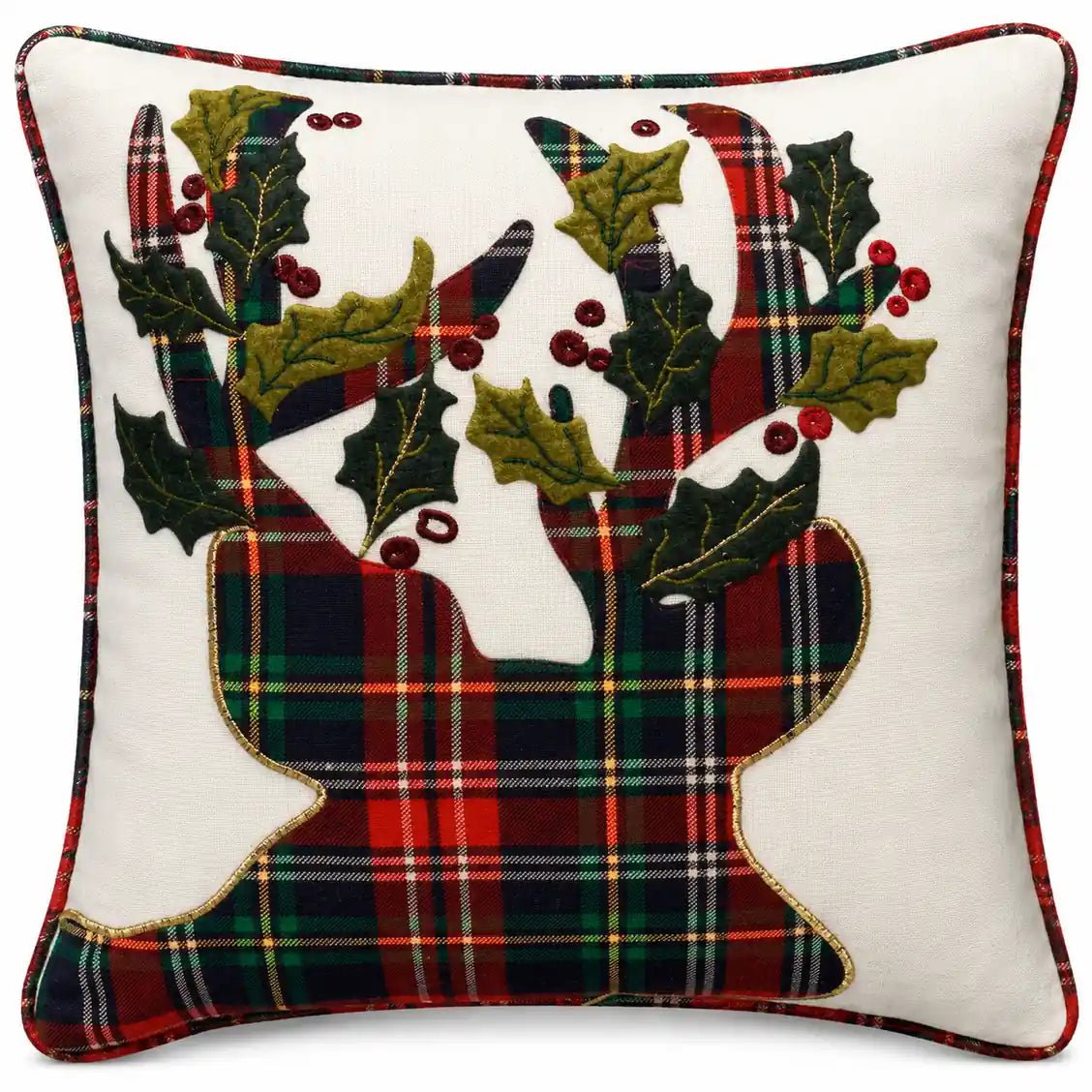 Housse de Coussin Noël Renne À Carreaux Brodée Coton Lin 45×45 cm