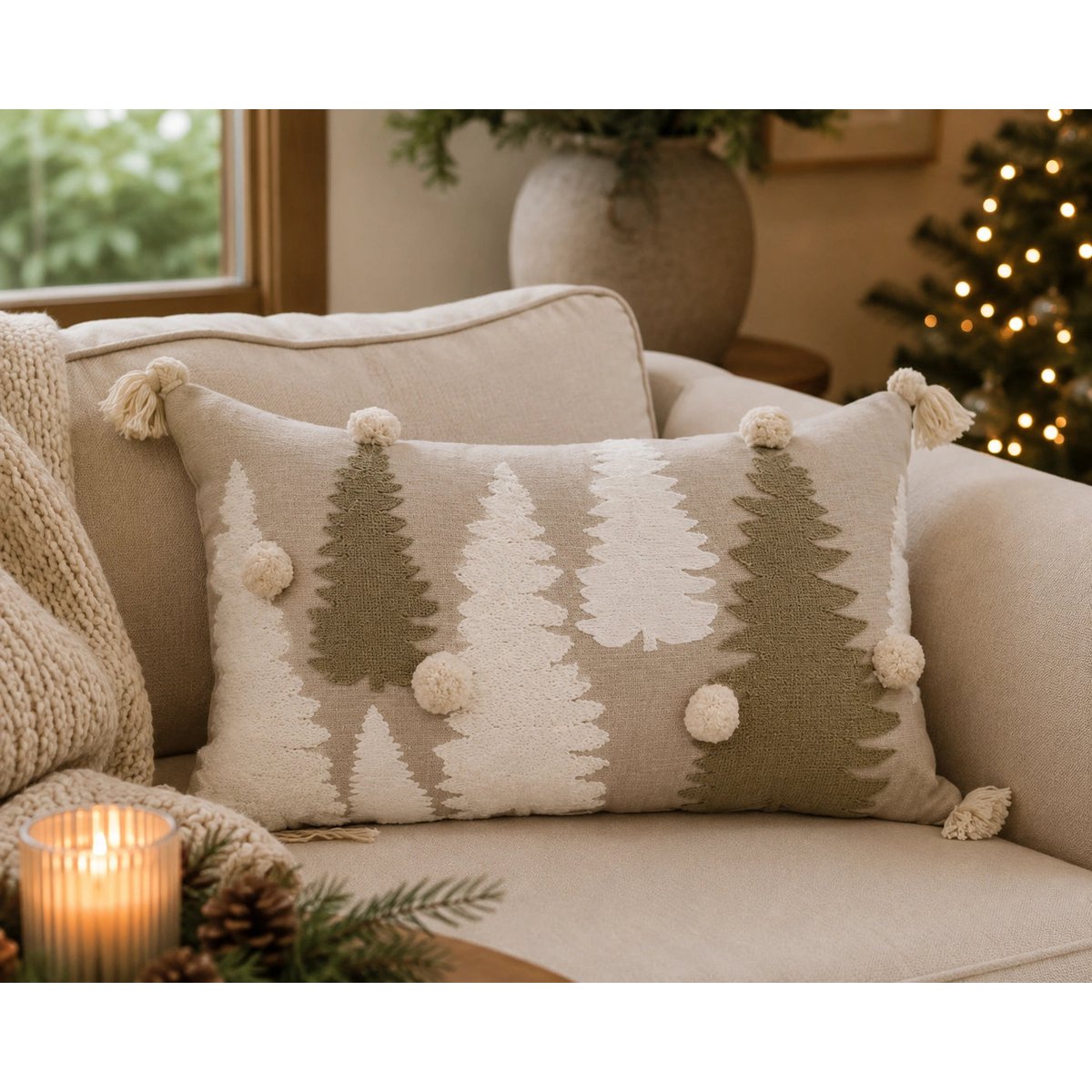 Housse de Coussin Noël Festive Forest Sapins Brodés Pompons Ivoire Beige Coton 30×50 cm