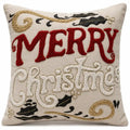 Housse de Coussin Noël Merry Christmas Brodé Houx Doré Coton Lin 45×45 cm