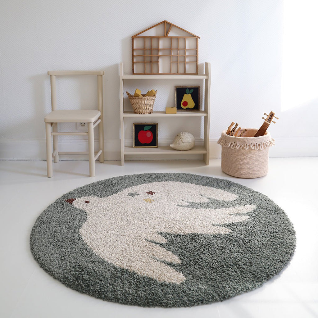 Tapis Rond à Poils Longs Motif Oiseau Bleu Aqua Ø120 cm – Bohemian Bird