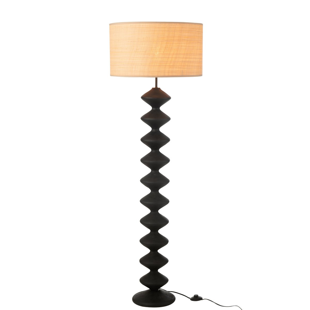 Grand lampadaire design de 156cm avec pied sculptural en bois noir et abat-jour en tissu naturel.