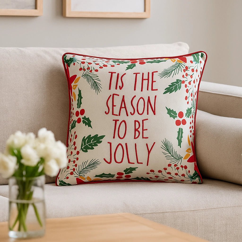 Housse de Coussin Noël Tis The Season Brodée Couronne Houx Baies Passepoil Rouge 45×45 cm