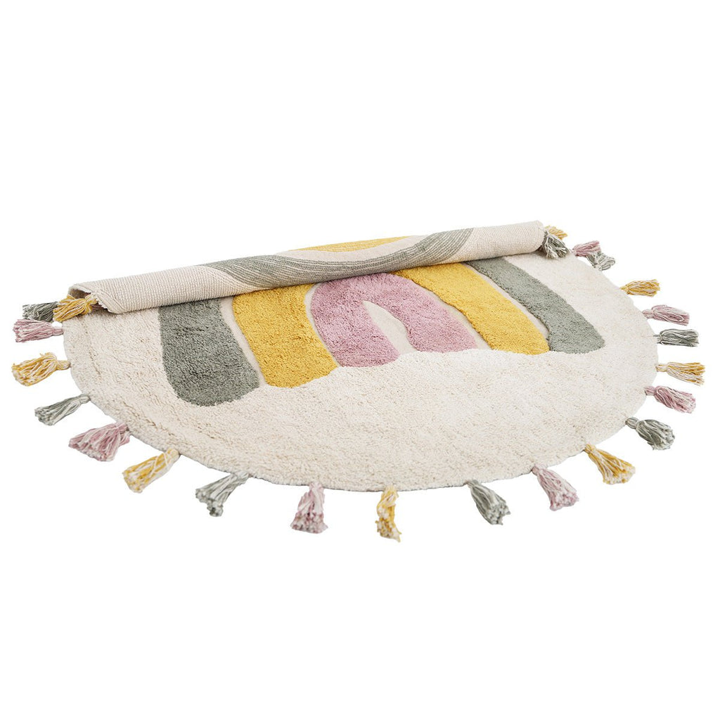 Tapis Rond Coton Arc-en-Ciel avec Pompons Ø110 cm – Rainbow Moss