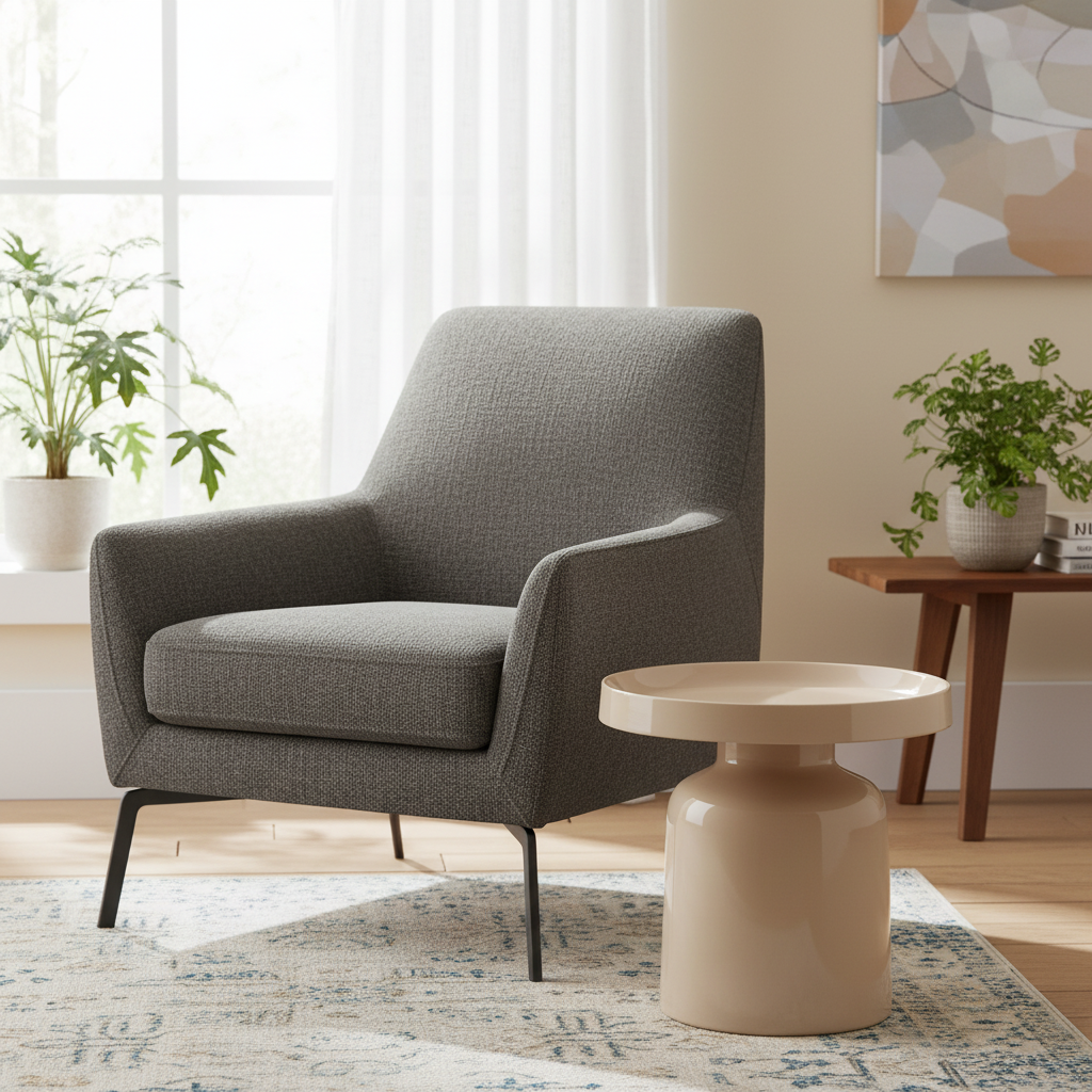 Table pion sable utilisée comme bout de canapé dans un salon moderne.