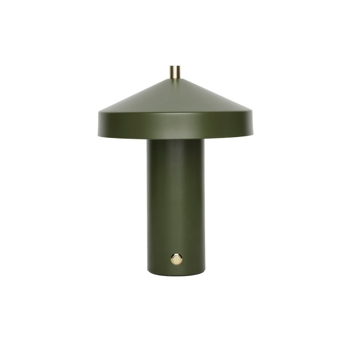 Lampe de table design Hatto en métal vert olive, silhouette épurée en forme de champignon.