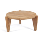 Table basse ronde en teck massif brut avec plateau à lattes et trois pieds larges