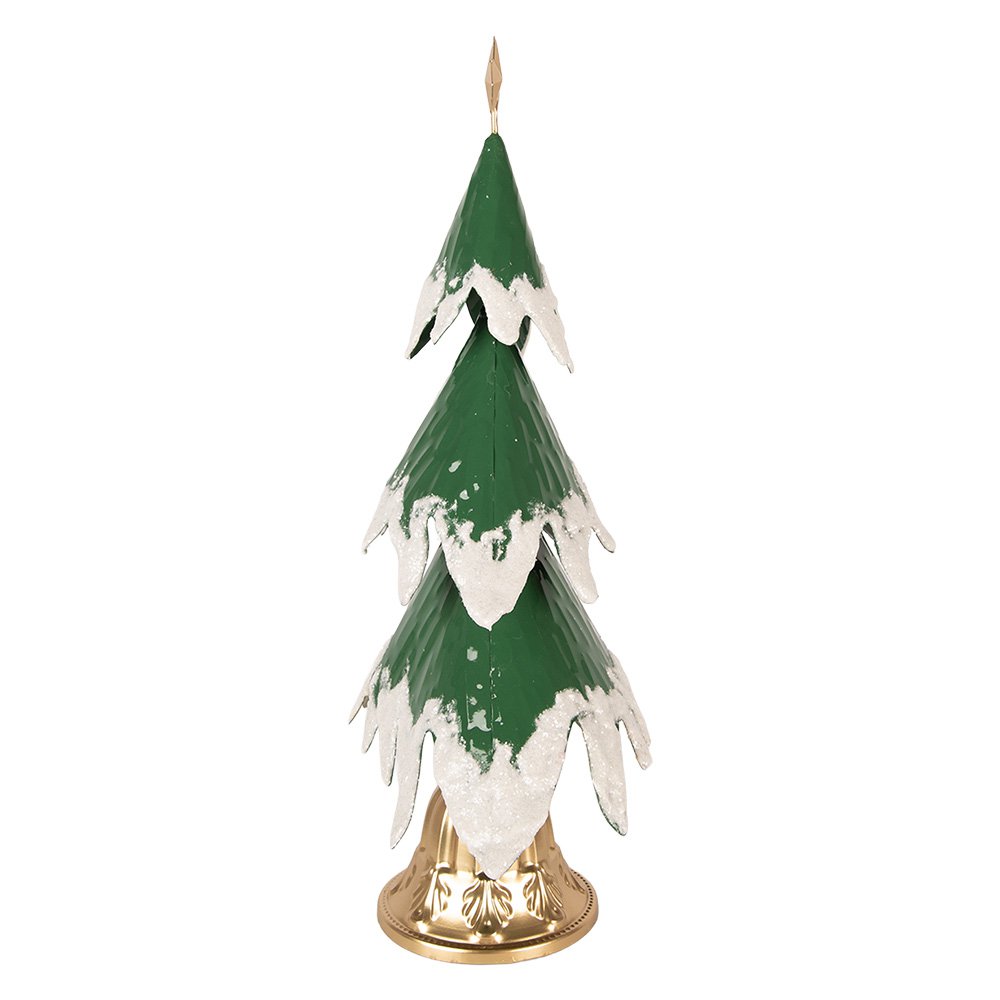 Décoration Noël Sapin Métal Vert Effet Neige Base Dorée 26×20×50 cm