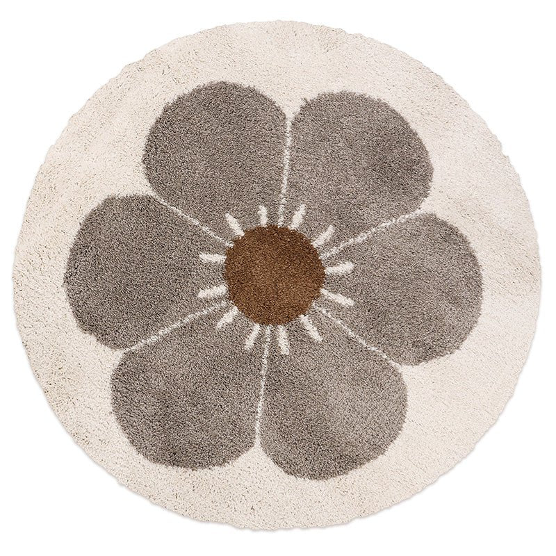 Tapis Rond Velours Motif Marguerite Taupe Ø120 cm – Bohemian Daisy