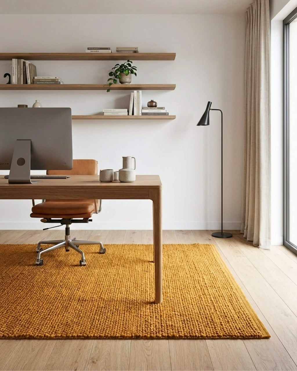 Tapis rectangulaire tressé en jute naturel couleur moutarde Elios (format 120x170) dans un bureau scandinave lumineux. Il est posé sur un parquet clair, sous un bureau en bois moderne et une chaise de bureau en cuir camel, près d'une grande fenêtre.