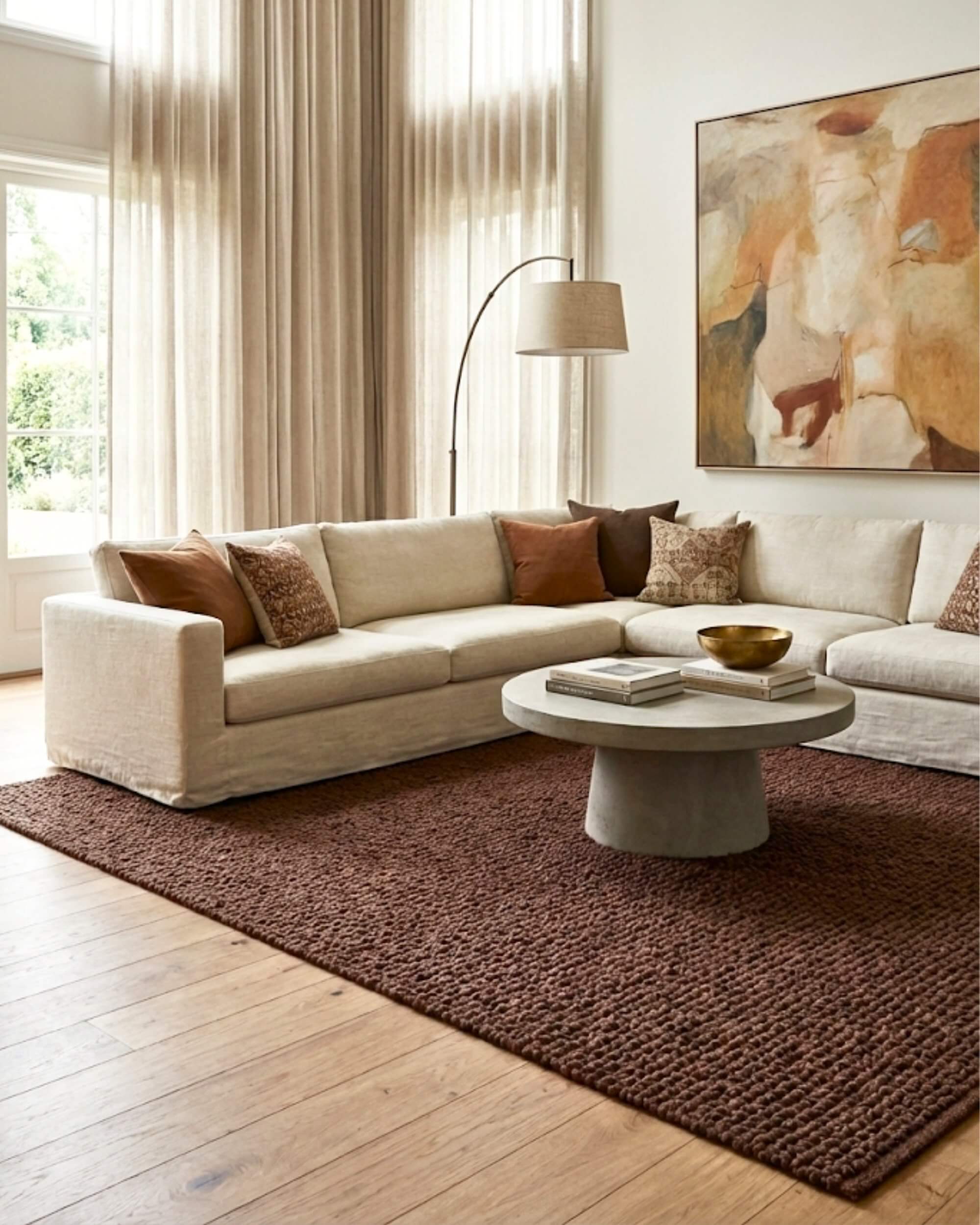 Très grand tapis rectangulaire en jute naturel tressé coloris caramel Elios dans un salon spacieux et lumineux. Il est placé sous un grand canapé d'angle beige orné de coussins marrons et une table basse ronde en béton, sur un parquet en bois clair.