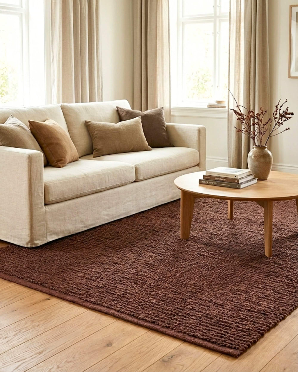 Grand tapis rectangulaire en jute naturel tressé coloris caramel Elios dans un salon lumineux. Il est placé sous une table basse ronde en bois et devant un canapé beige orné de coussins marrons, sur un parquet en chêne clair.