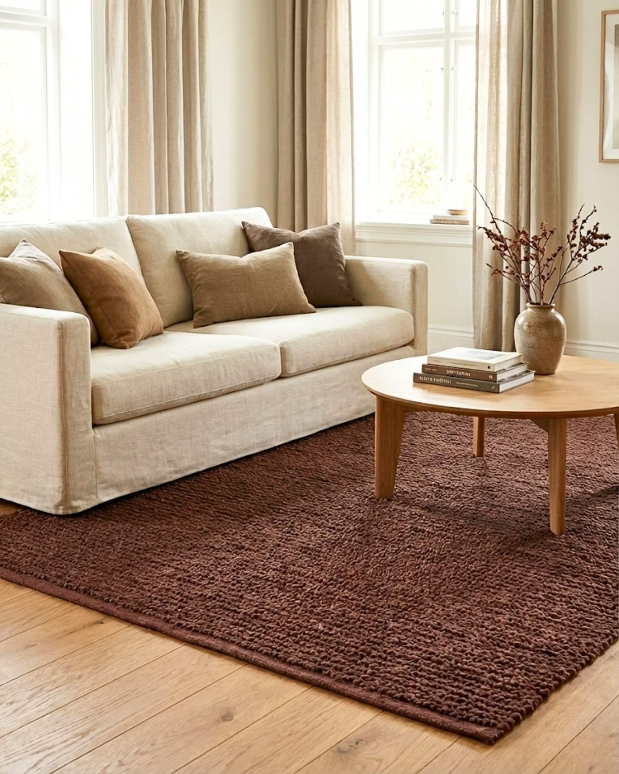 Grand tapis rectangulaire en jute naturel tressé coloris caramel Elios dans un salon lumineux. Il est placé sous une table basse ronde en bois et devant un canapé beige orné de coussins marrons, sur un parquet en chêne clair.