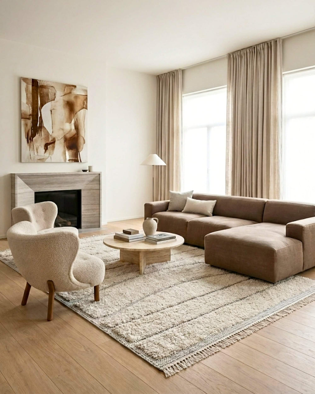 Tapis rectangulaire Solan Ivoire aux motifs en relief (taille standard 160x230) installé dans un salon chaleureux avec une cheminée moderne, deux fauteuils en tissu bouclette beige, un canapé marron et une table basse ronde en marbre.