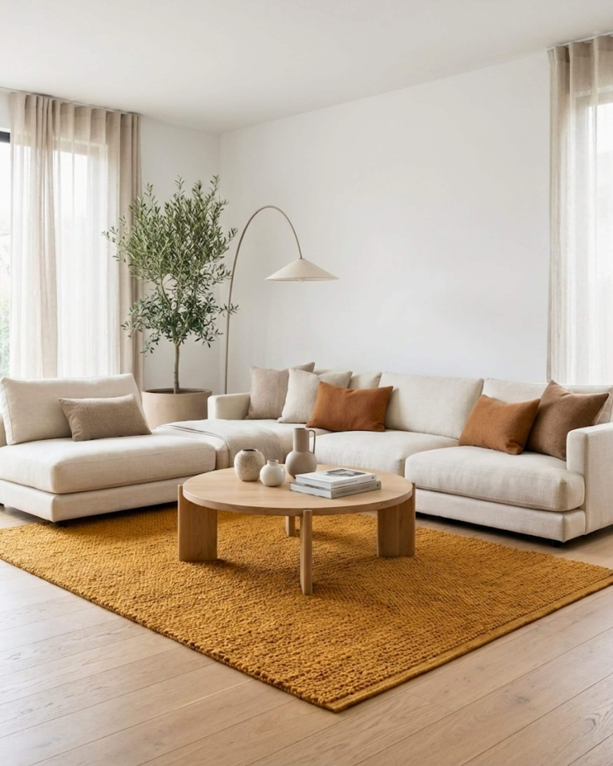 Grand tapis rectangulaire tressé en jute naturel couleur moutarde Elios (format 160x230) dans un salon moderne et lumineux. Il est placé au centre sur un parquet clair, sous un grand canapé d'angle beige avec des coussins ocre et une table basse ronde en bois. Un grand lampadaire arc est visible en arrière-plan.