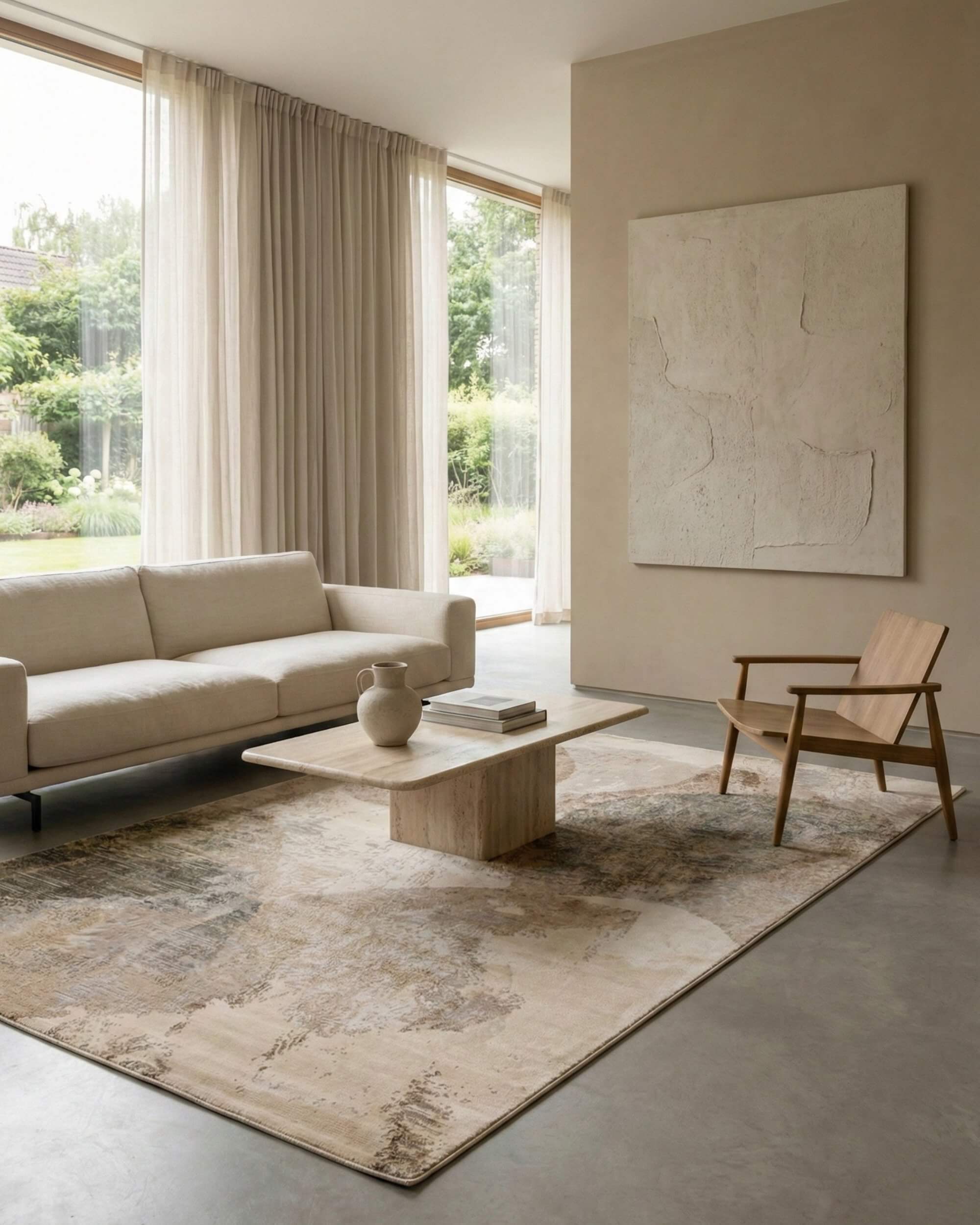 Grand tapis de salon rectangulaire Aloyse Bronze aux motifs abstraits beige et marron, placé sous un canapé crème et une table basse en travertin dans un intérieur contemporain lumineux.