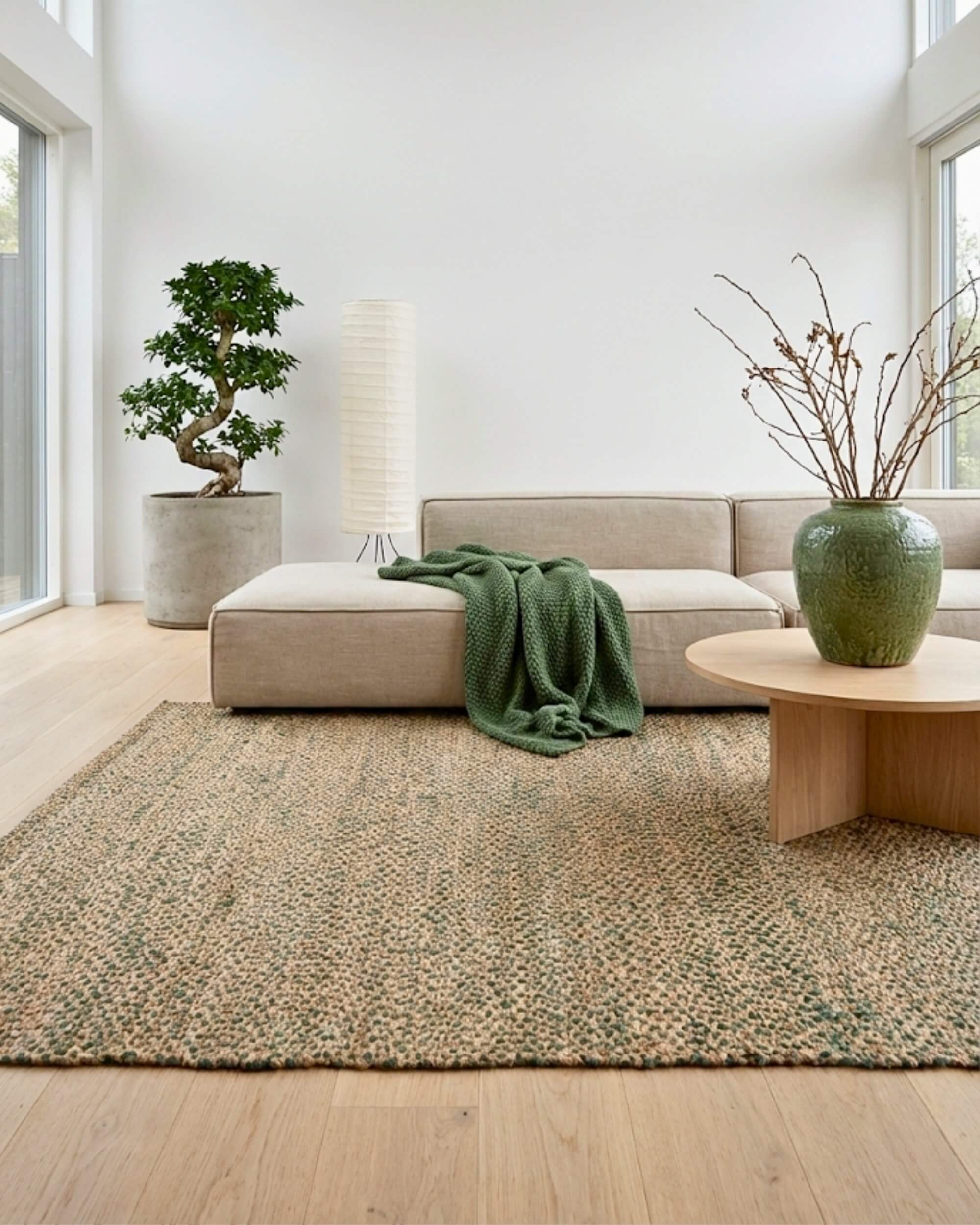 Grand tapis rectangulaire en jute et coton tressé Elliot Fougère (160x230 cm) disposé dans un salon lumineux au style scandinave et zen. Il est placé sur un parquet clair, sous une table basse ronde en bois et un grand canapé d'angle beige agrémenté d'un plaid vert. Un grand bonsaï, un vase vert avec des branches et un lampadaire en papier complètent cette décoration naturelle.