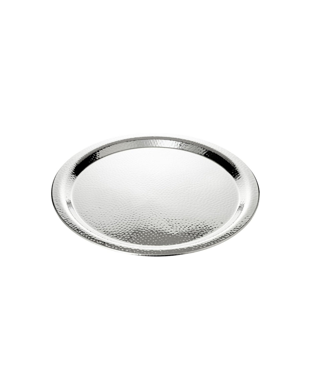 Très grand plateau de service rond Martella (44cm) en acier inoxydable argenté, doté d'une finition martelée brillante.