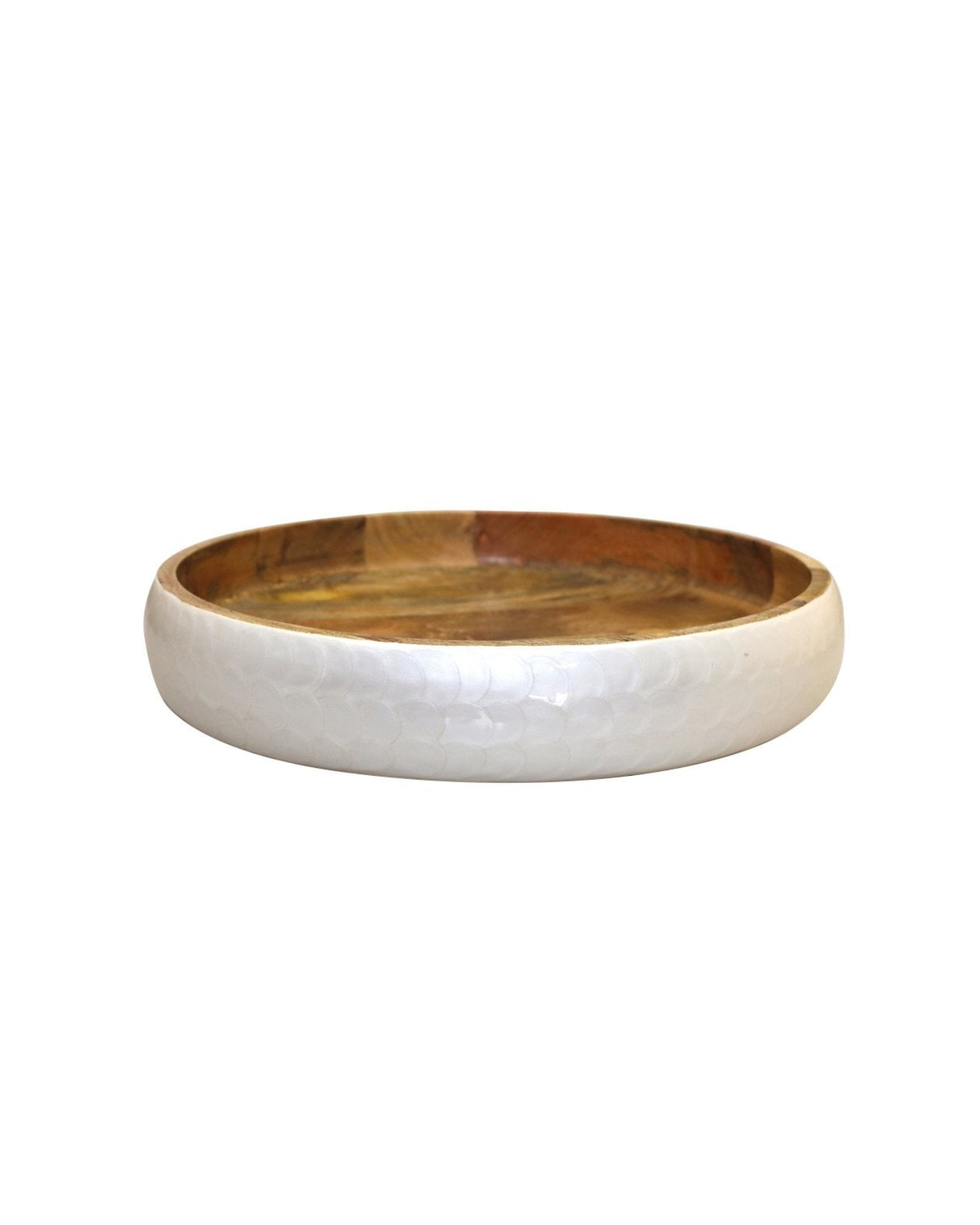 Grande coupe décorative de 40cm en bois de manguier avec extérieur blanc.