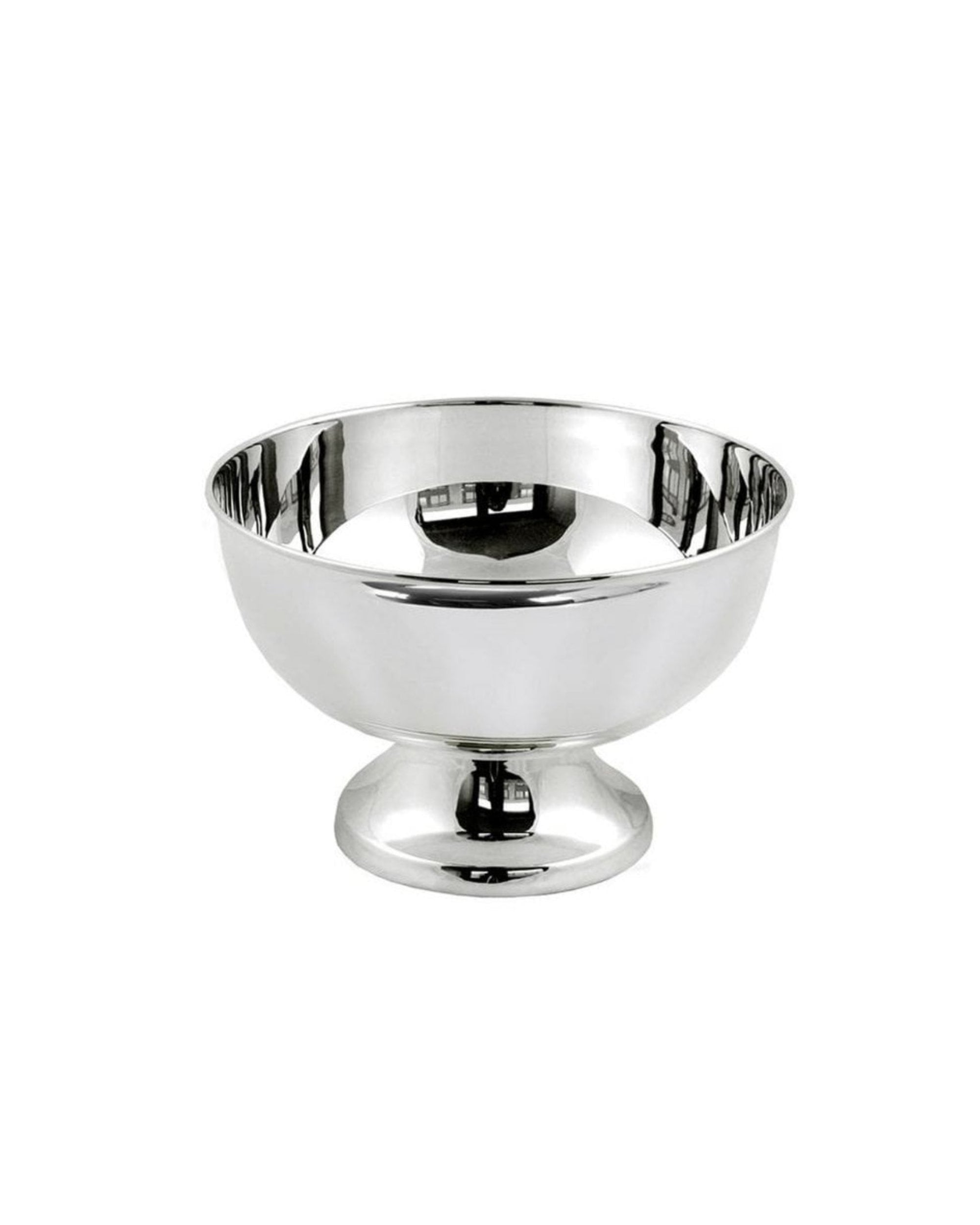 Bol décoratif sur pied Palma en acier inoxydable poli brillant, finition argentée luxueuse.