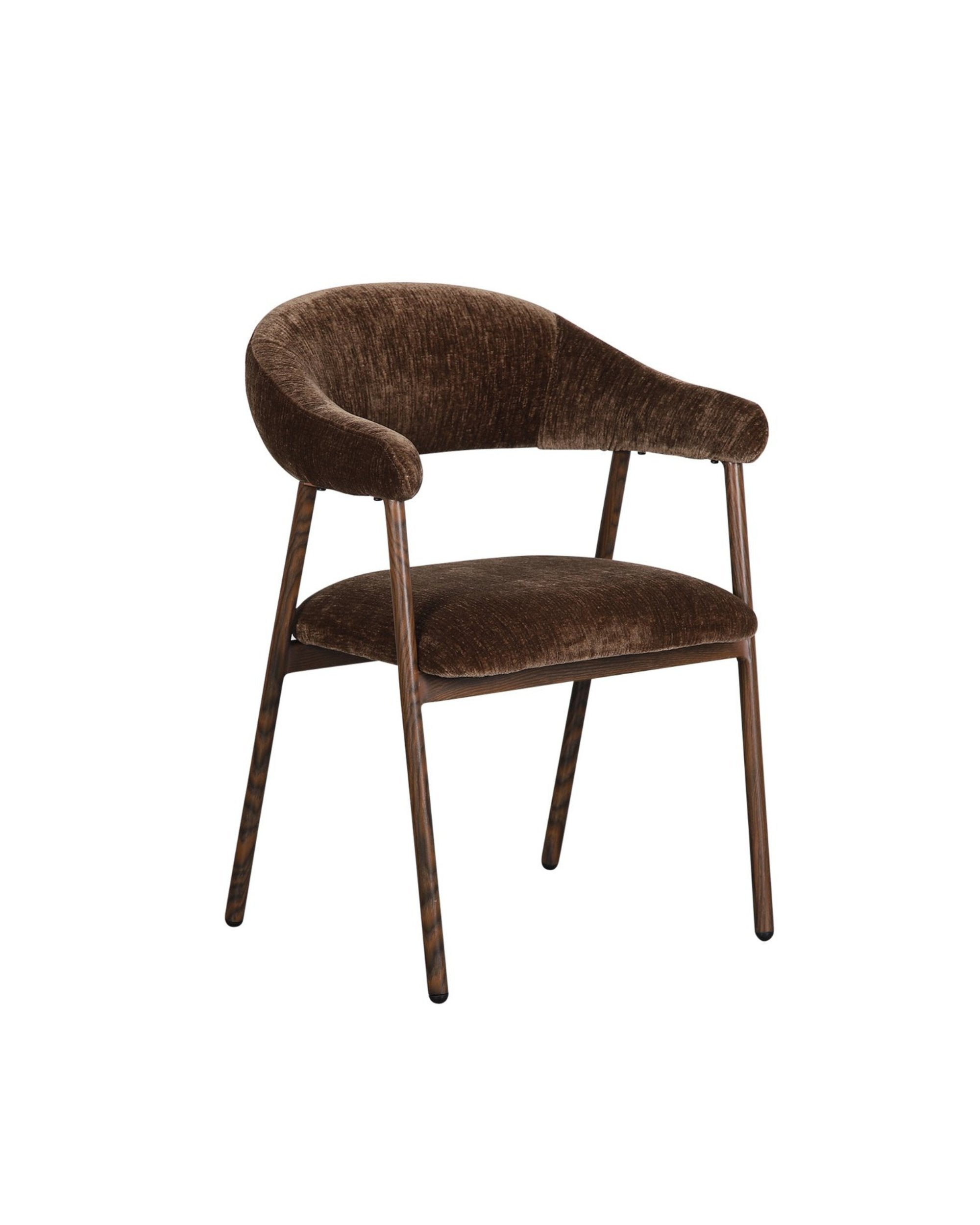 Chaise de table design Scandi Umber en tissu marron foncé et pieds effet bois.