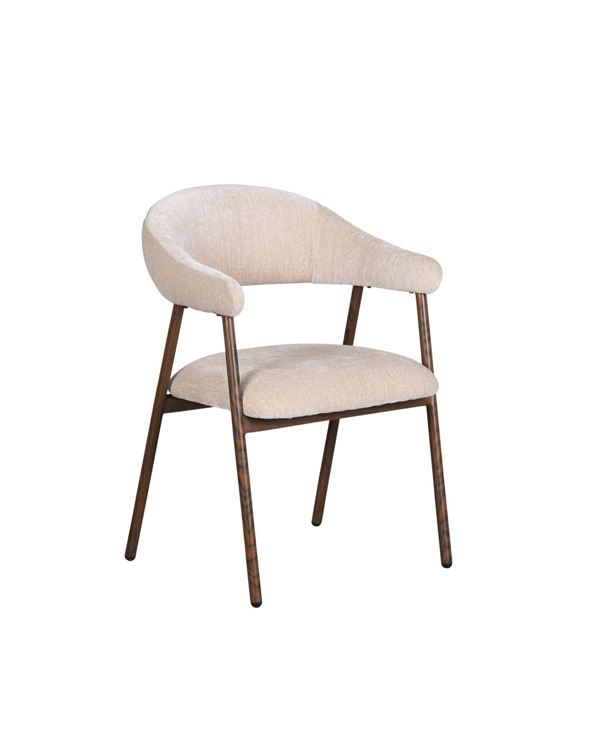 Chaise de table design Scandi Tan en tissu beige clair et pieds effet bois foncé.