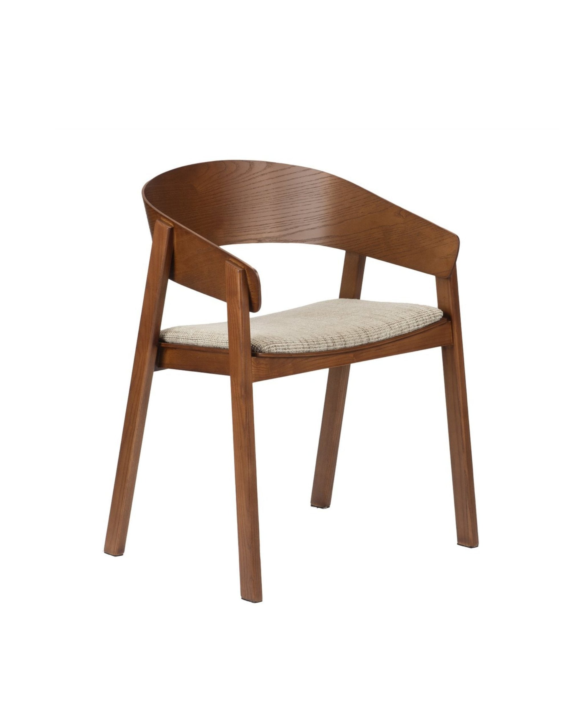 Lot de 2 fauteuils de table design Japandi Edo en bois de frêne teinté noyer et assise tissu beige.