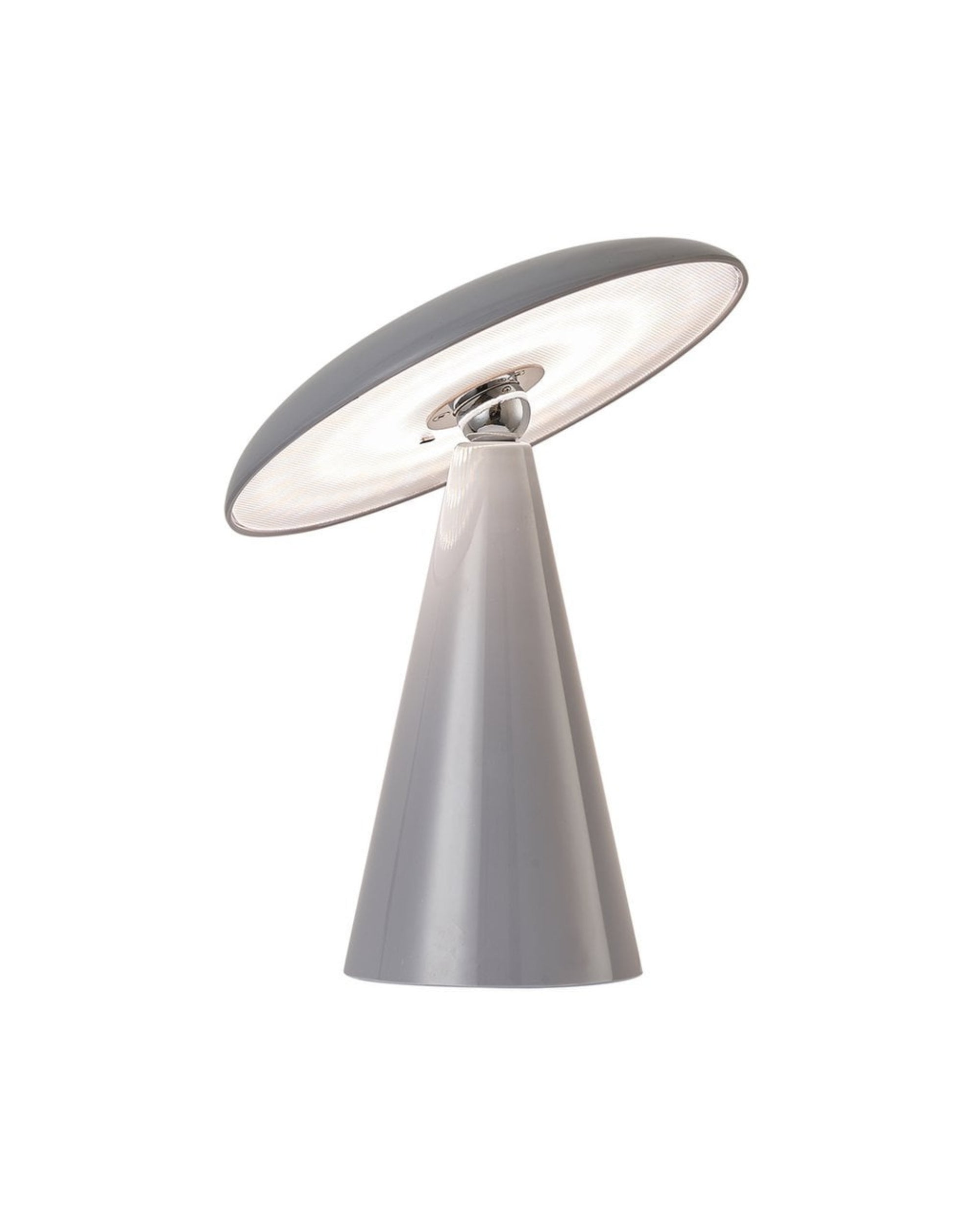 Lampe de table LED design au fini gris brillant, avec abat-jour inclinable sur rotule chromée.