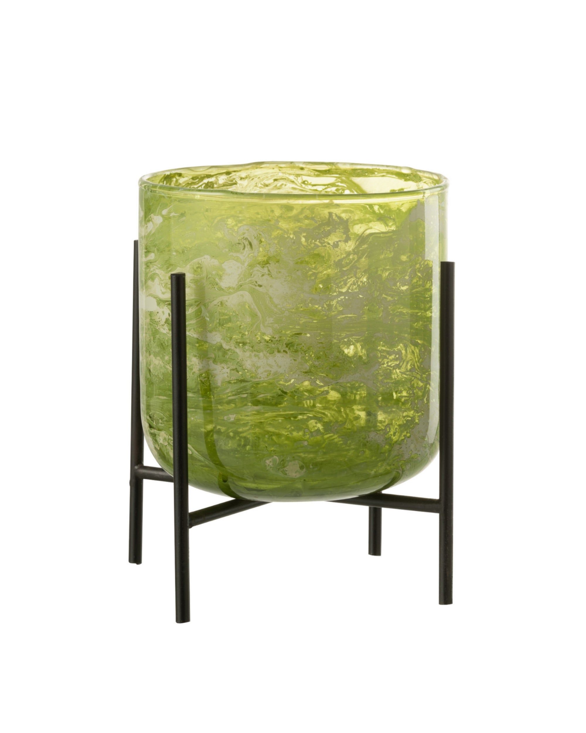 Lanterne photophore design en verre vert effet marbré sur trépied en métal noir.