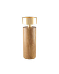 Grand bougeoir design (23cm) associant une base cylindrique en bois naturel et une coupelle en métal doré.