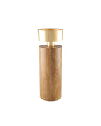Grand bougeoir design (23cm) associant une base cylindrique en bois naturel et une coupelle en métal doré.