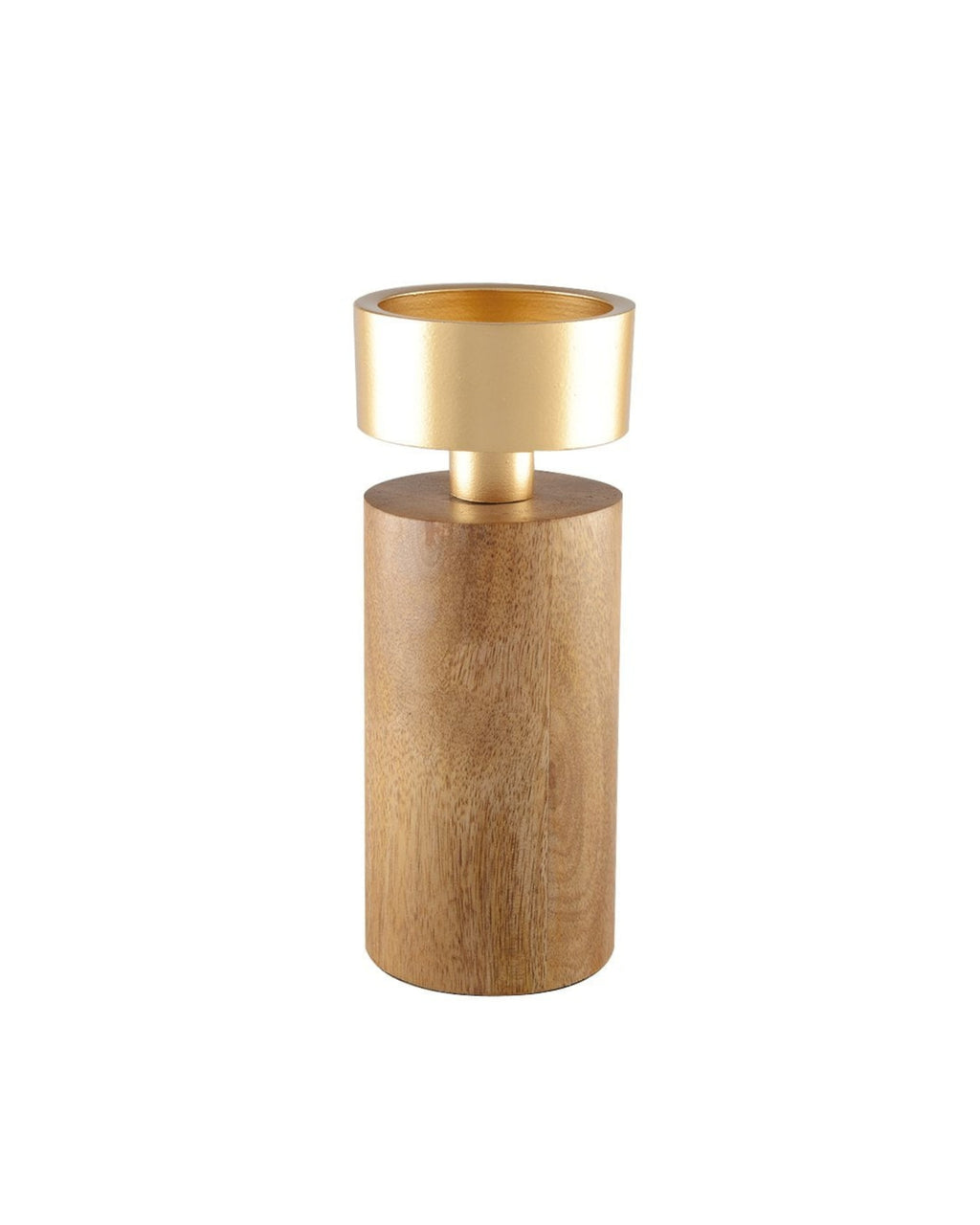 Bougeoir design cylindrique associant une base en bois naturel et une coupelle en métal doré.