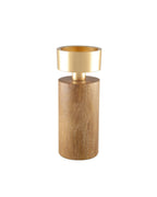 Bougeoir design cylindrique associant une base en bois naturel et une coupelle en métal doré.
