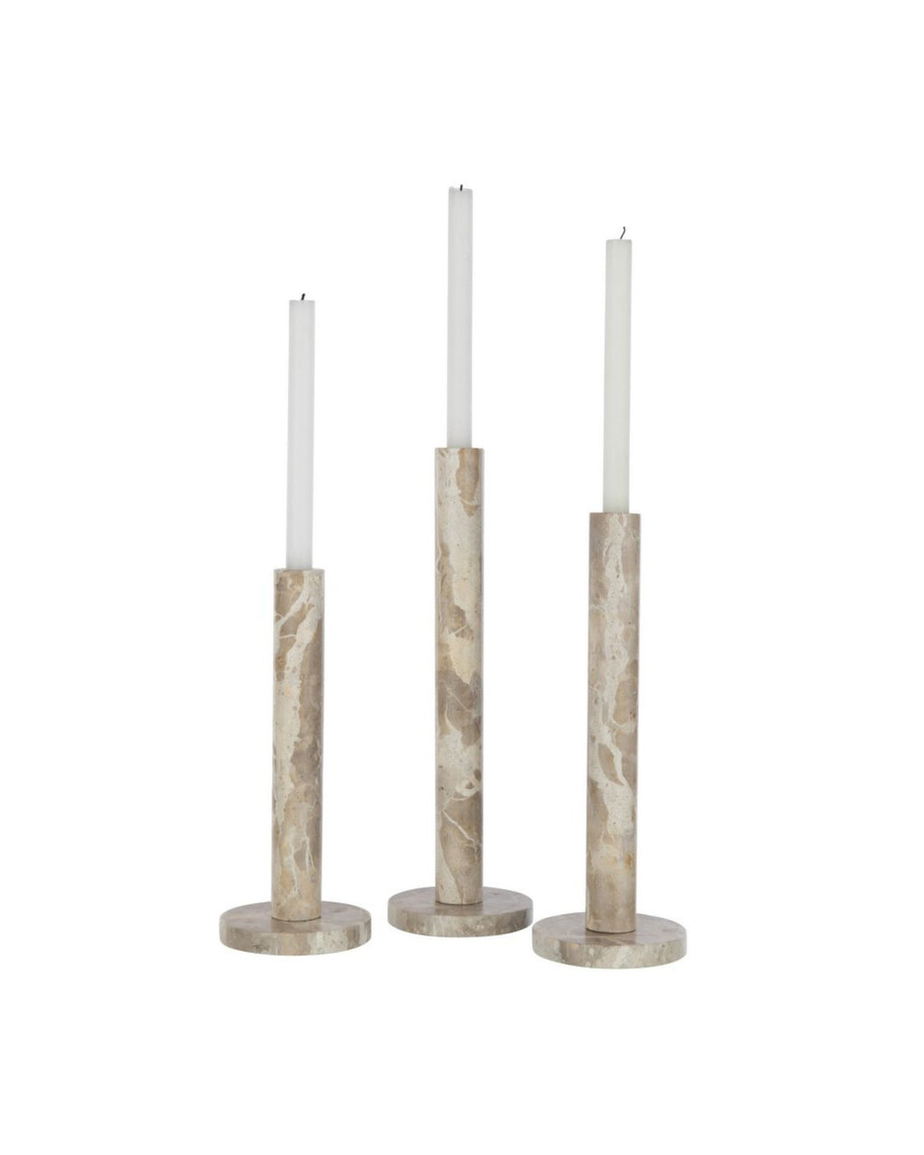 Set de 3 Bougeoirs Cylindriques en Pierre Marbrée Beige (40cm)