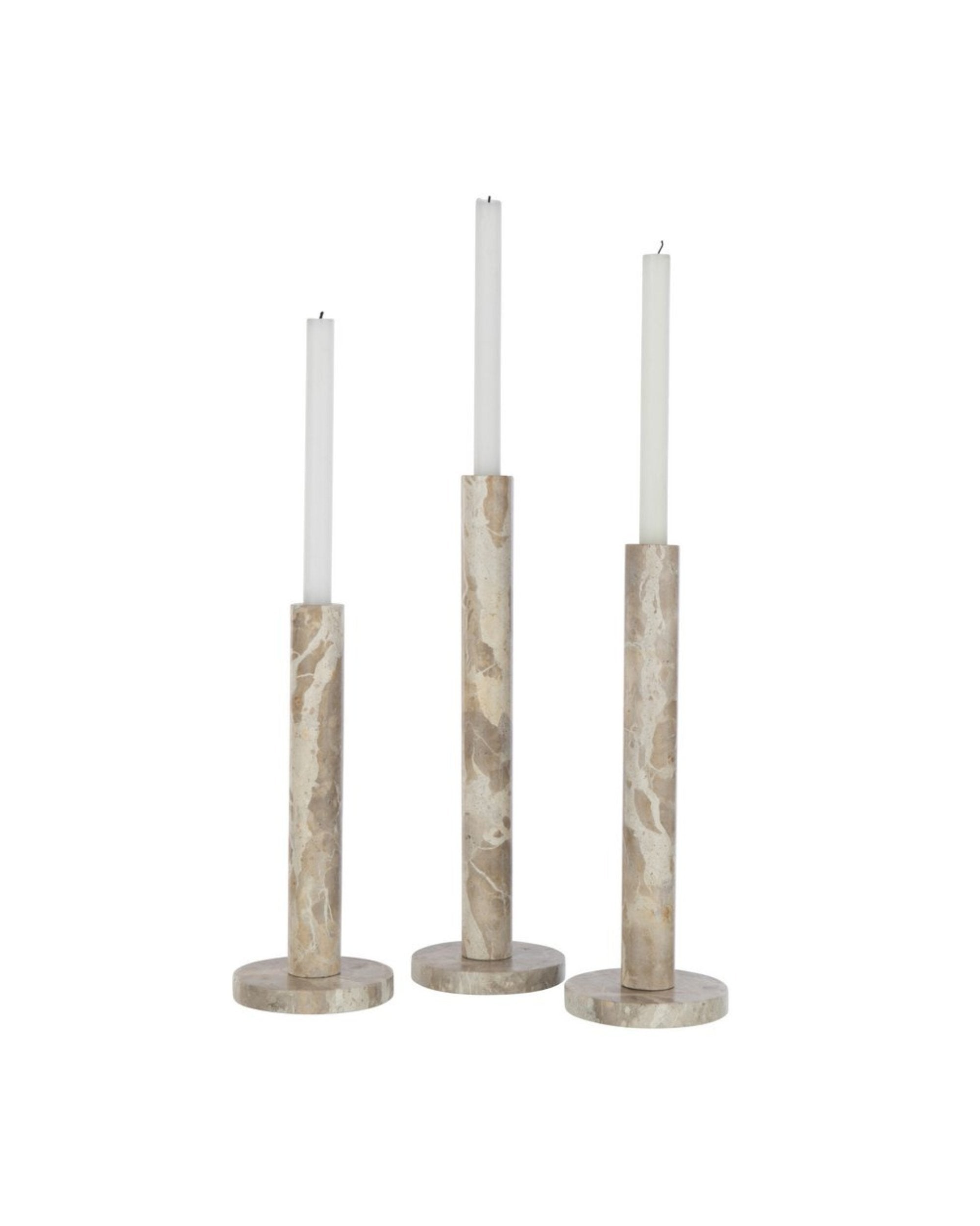 Set de 3 Bougeoirs Cylindriques en Pierre Marbrée Beige (40cm)