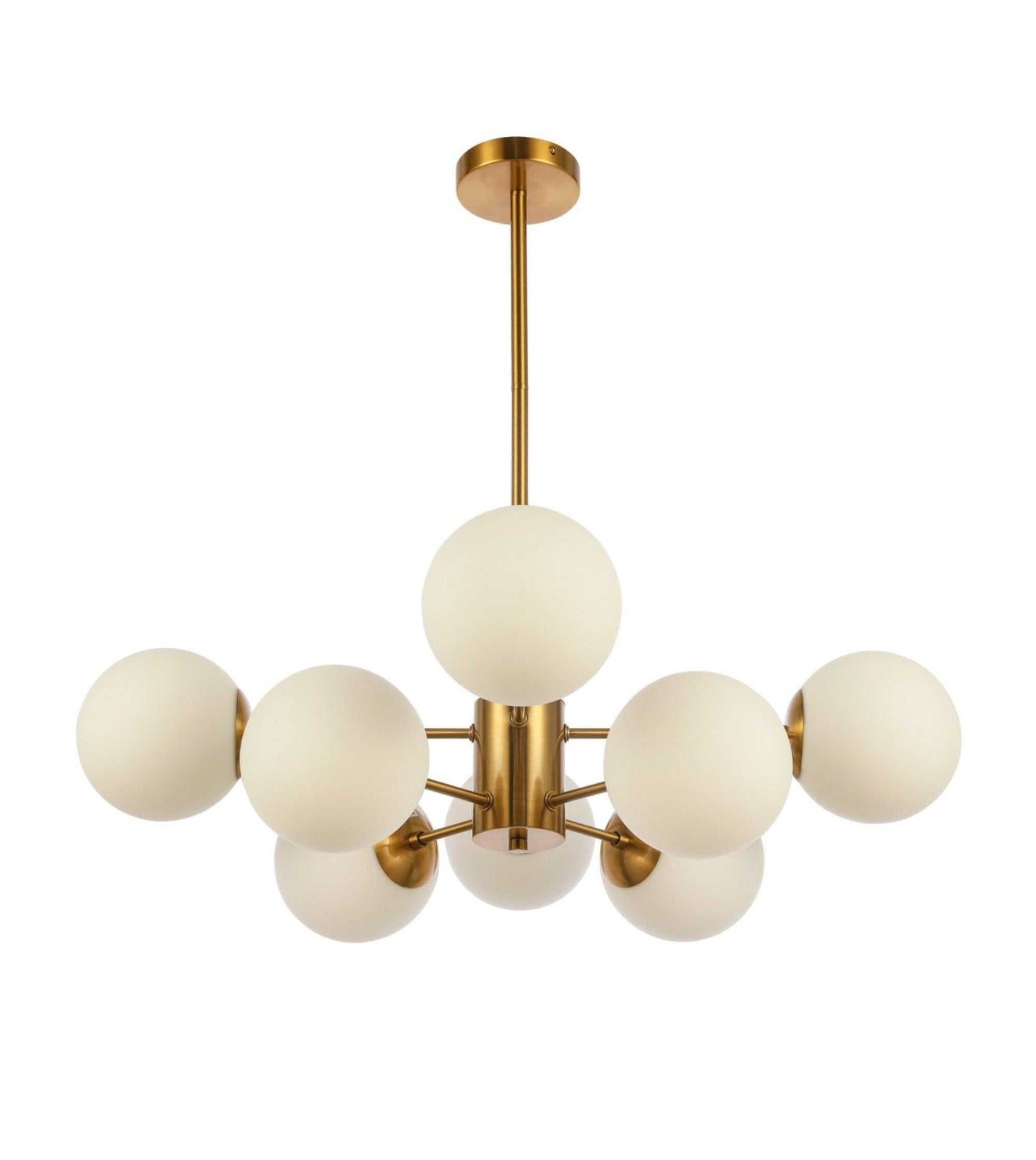 Lustre Suspension 8 Globes – Laiton Satiné & Verre Blanc (68cm)