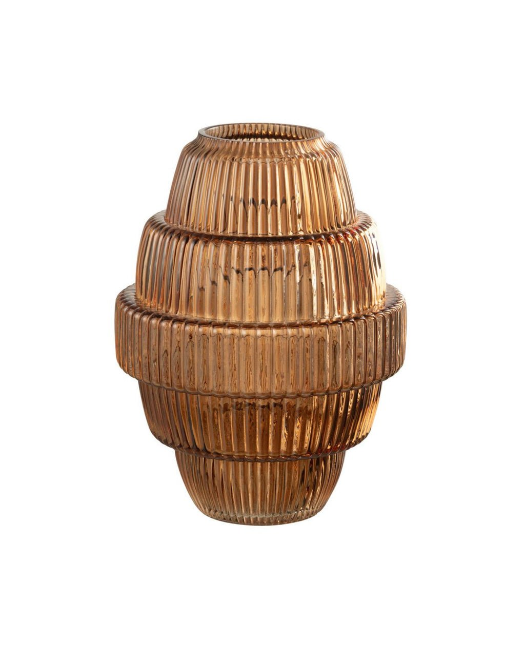 Grand vase décoratif de 30cm en verre strié de couleur marron ambré, design rétro chic.