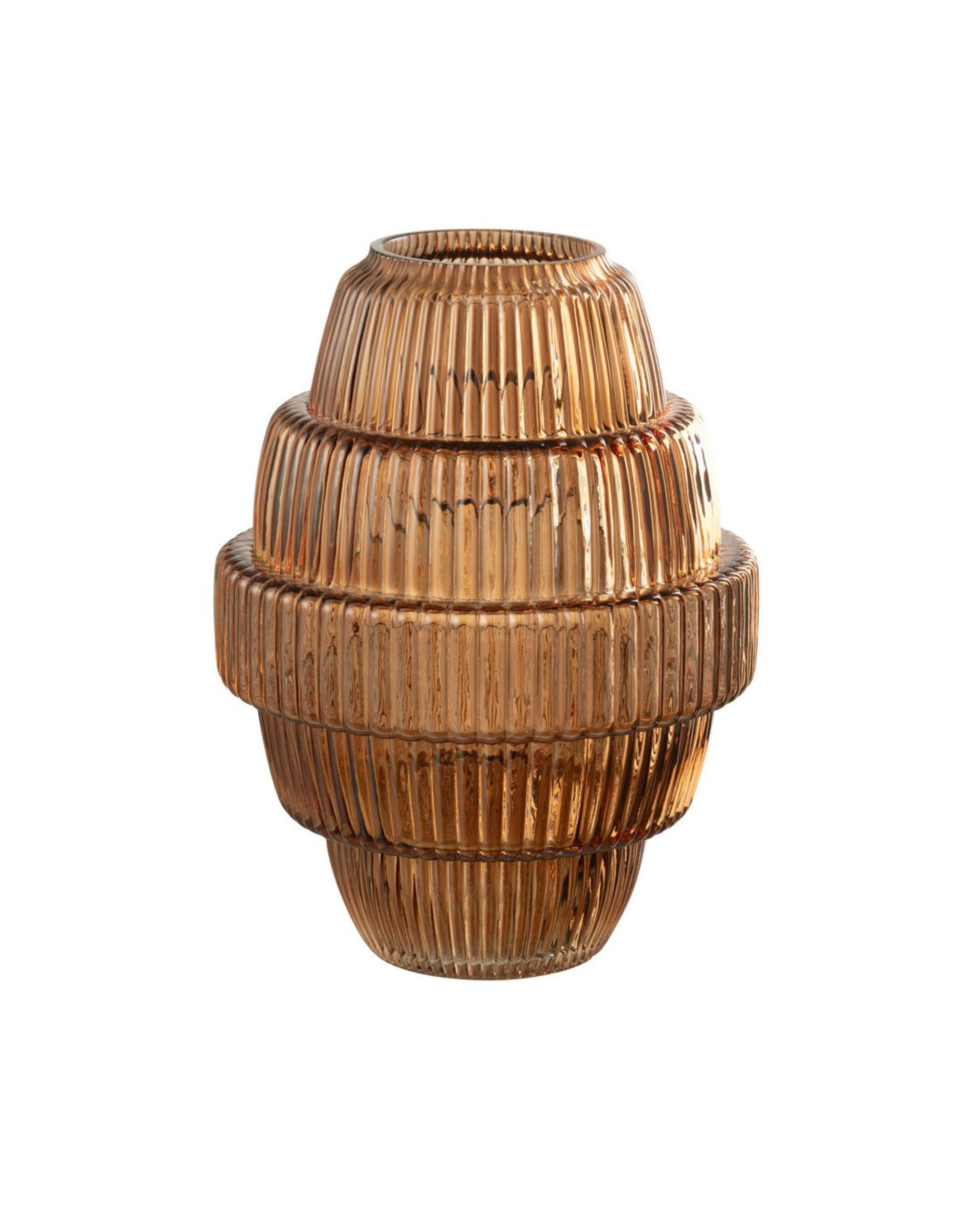 Grand vase décoratif de 30cm en verre strié de couleur marron ambré, design rétro chic.