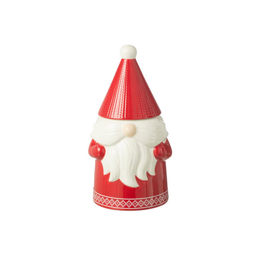 Boîte à biscuits lutin de Noël en céramique émaillée rouge vif, bonnet pointu rouge à pompom blanc servant de couvercle, barbe blanche moulée, petites mains rouges, frise motif jacquard blanc en bas du corps, vue 3/4 face sur fond blanc, hauteur 33 cm