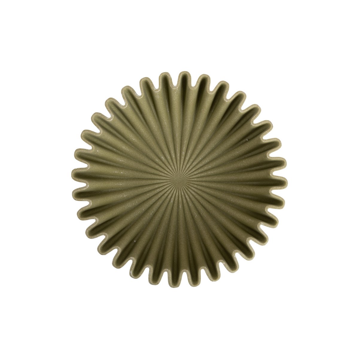Vue de dessus du grand bol vague vert kaki, motif rayonnant en étoile, design sculptural nordique Ø30 cm