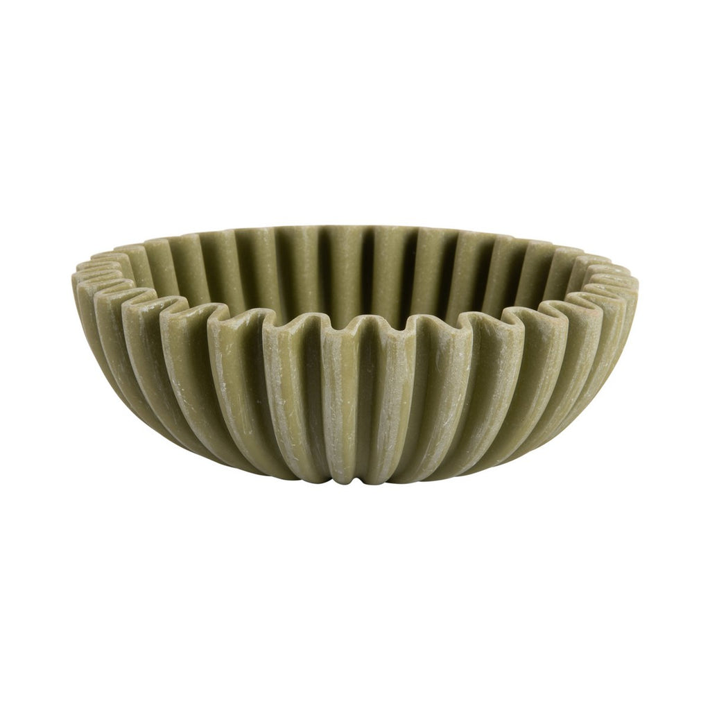 Bol vague moyen décoratif en polyrésine vert kaki mat, cannelures rayonnantes sculptées, vue principale