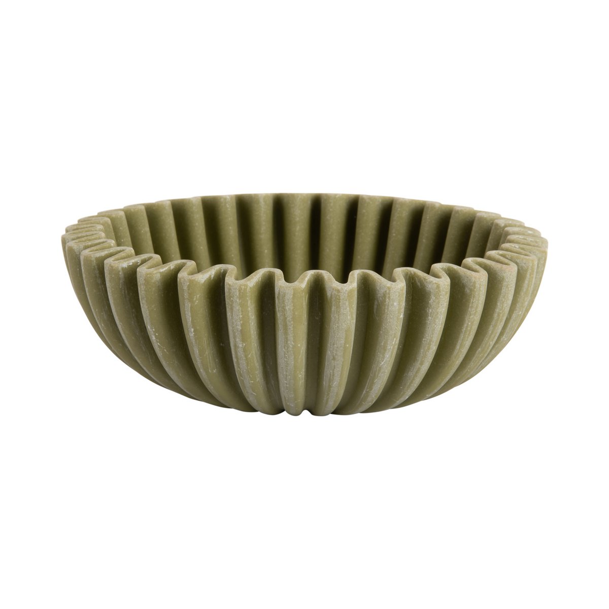 Bol vague moyen décoratif en polyrésine vert kaki mat, cannelures rayonnantes sculptées, vue principale