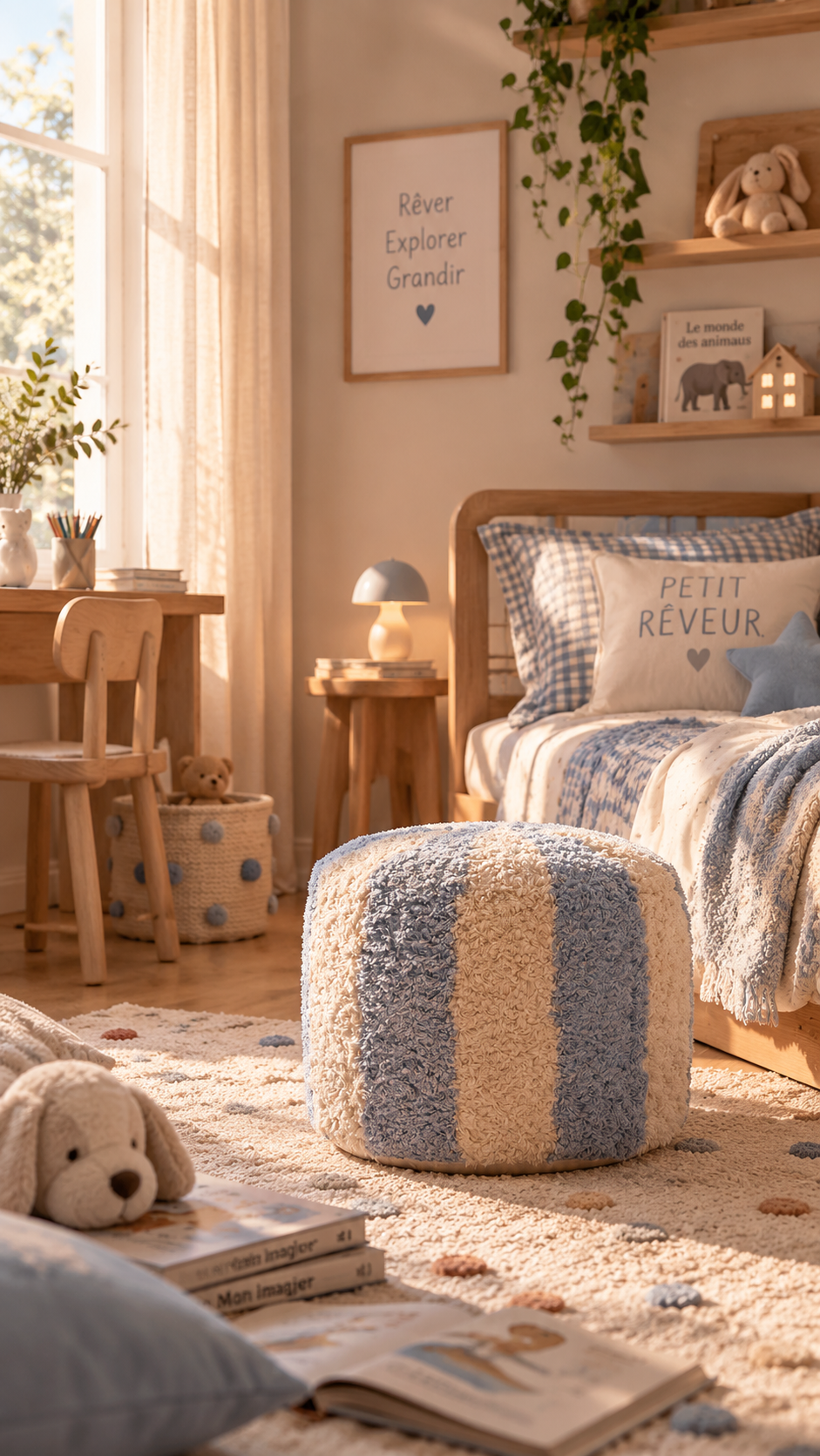 Pouf Enfant Circus bleu – Motif Cirque en Bois