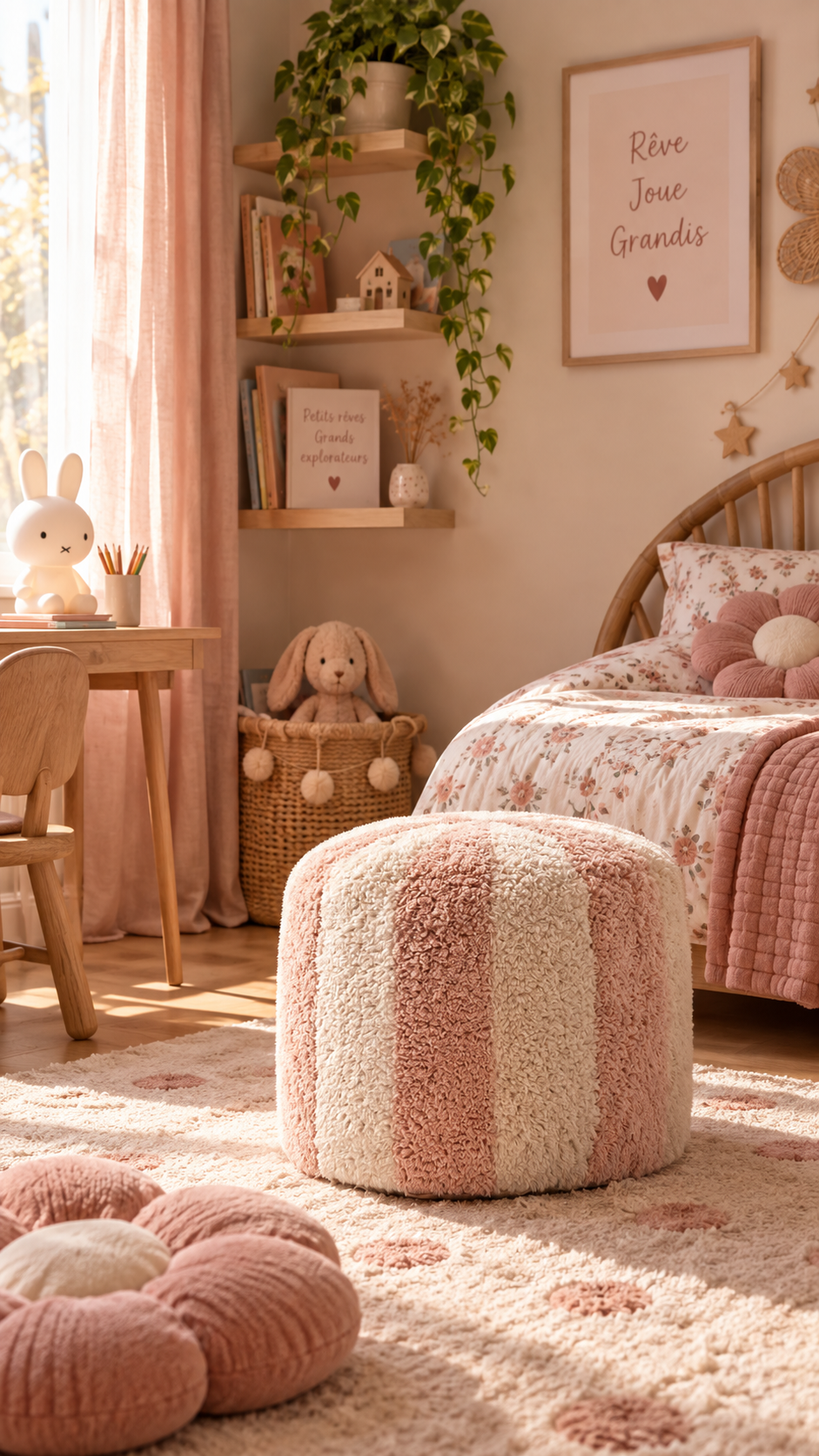 Pouf Enfant Circus Rose – Motif Cirque en Bois