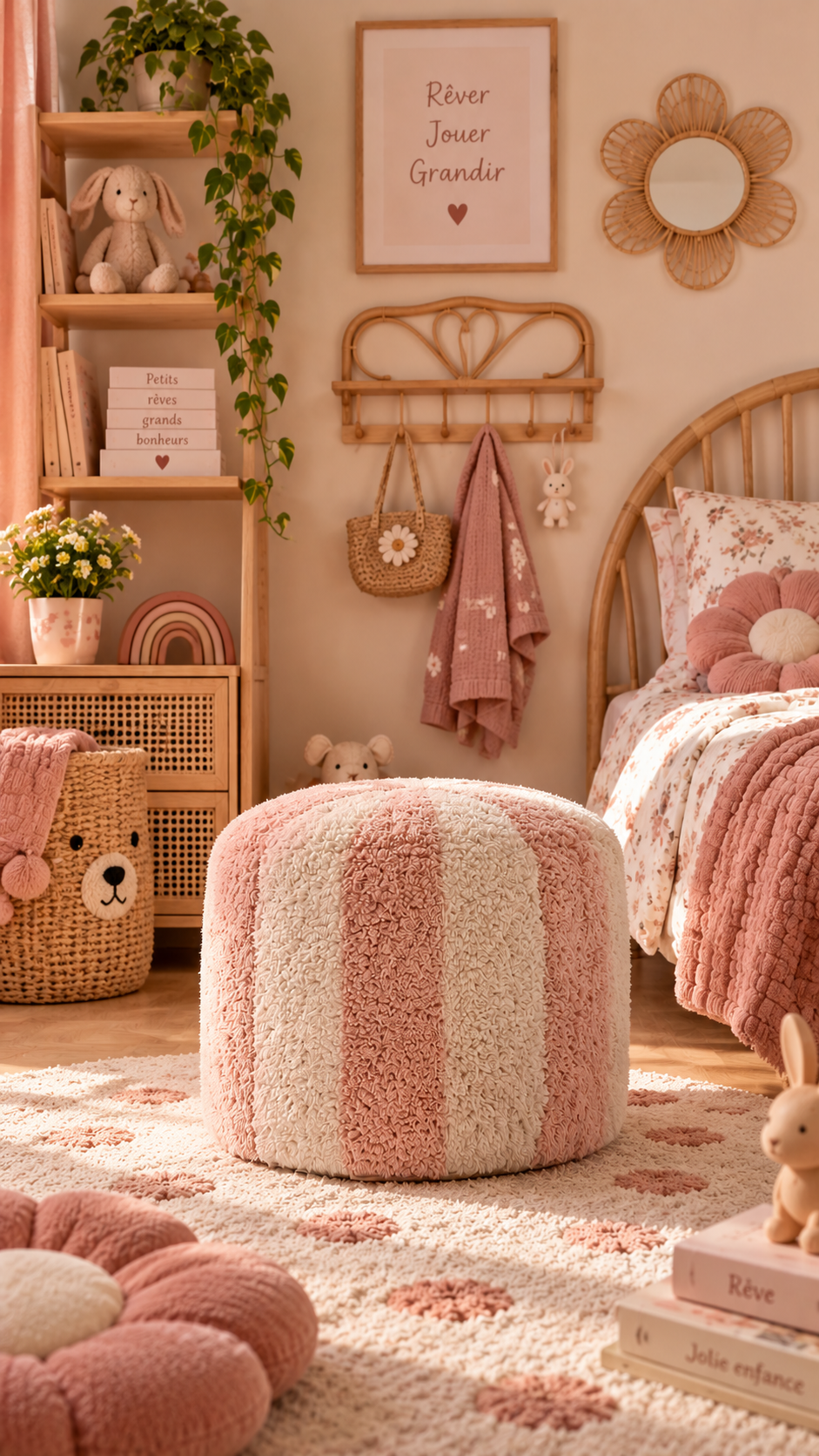 Pouf Enfant Circus Rose – Motif Cirque en Bois