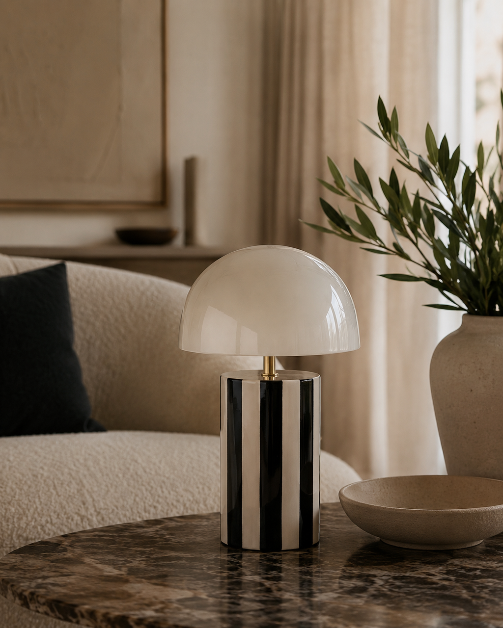 Lampe à Poser CHLOÉ Champignon Fer Rayé Gris Pied Chromé Ø25×34 cm